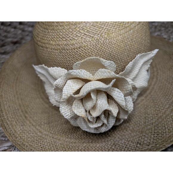 Womens Brown Straw Wide Brim Panama Hat w/ Ribbon & Flower Accent BOHO Size M - Picture 2 of 10